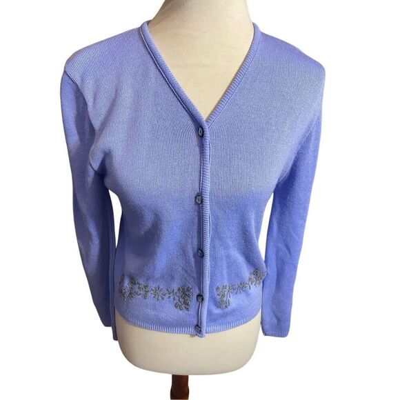 New Moves Vintage Violet Blue Floral Beaded Button Front Cardigan Size Large - Picture 3 of 11
